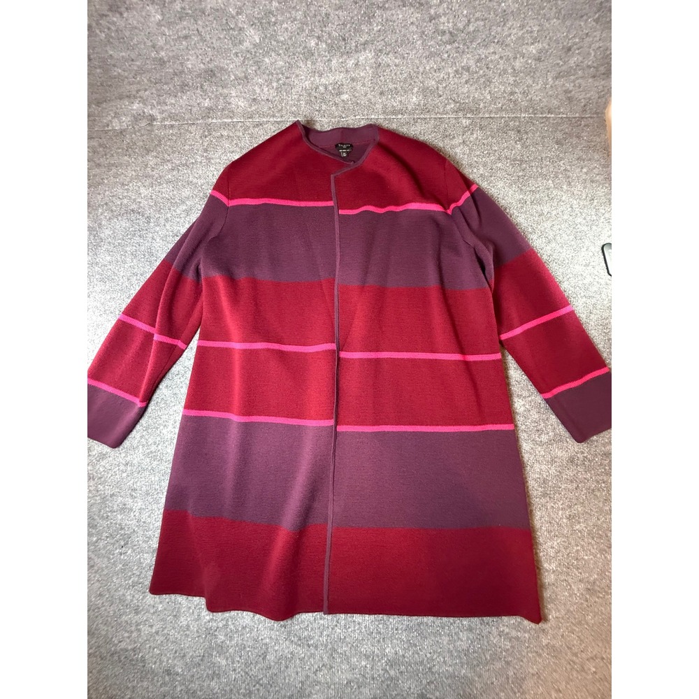 Talbots Woman 2X Merino Wool Striped Longline Open Front Cardigan Burgundy Red